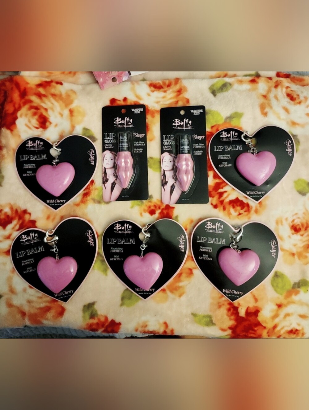 Buff Pink Heart Lip Balm Keychain & Pink Lip Gloss Set